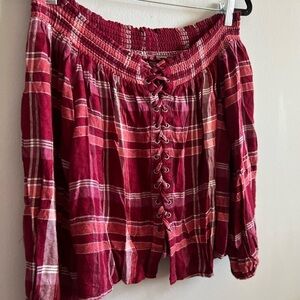 Harlow Plaid Long Sleeve Off The Shoulder Blouse w/lace up Design - Large in Red
